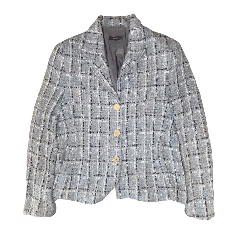 Zanella Tweed Blazer Womens 10 Blue Johanna Linen Silk Blend Plaid Italy Career